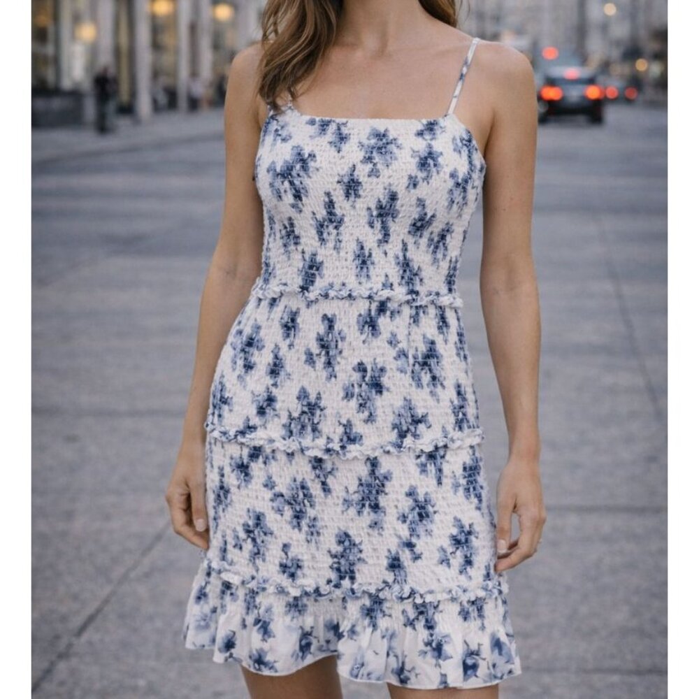 NWT Abercrombie & Fitch Smoked Floral Mini Dress XXLT Ivory Blue